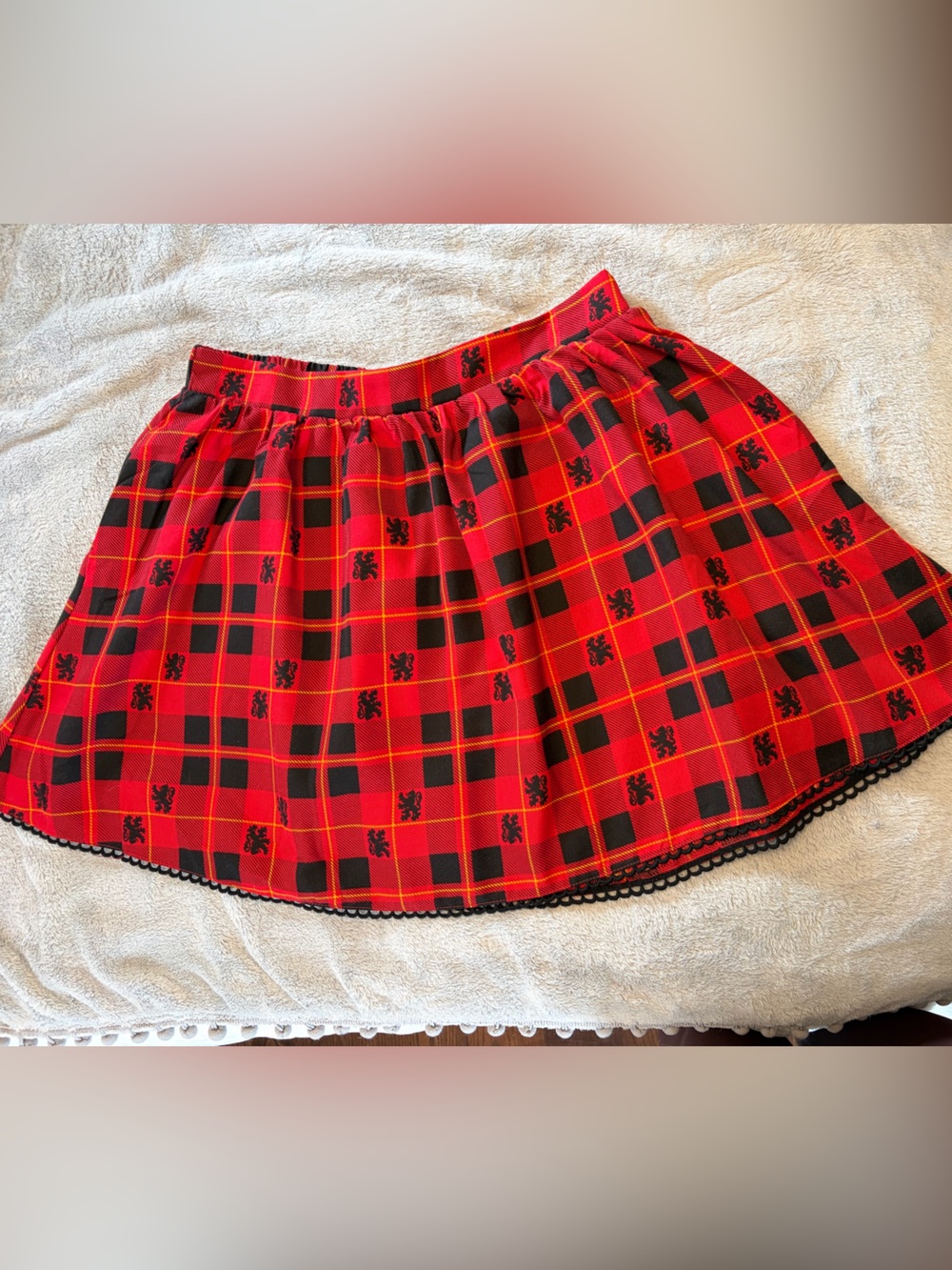 HP Red and Black Plaid Circle Skirt with Lace Trim. Hot Topic